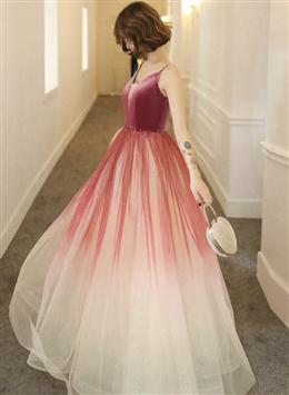 Picture of Lovely Pink Gradient Velvet Top Long Evening Dresses, A-line Pink Tulle Prom Dresses Party Dresses